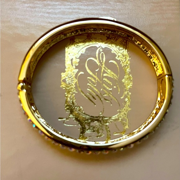 Kirks Folly Brilliant Blue Aurora Borealis Crystals Gold Plated Hinged Bracelet - Picture 6 of 8